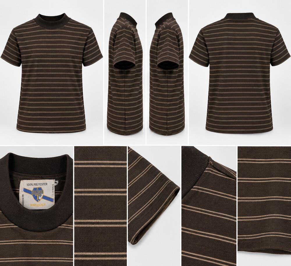VTG Mock Neck Mesh Top Brown Striped Polyester Golden T